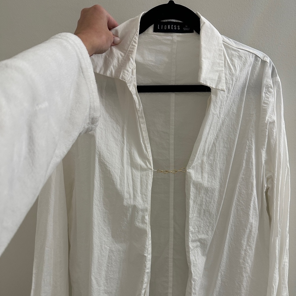 Lioness open button down with gold chain detail